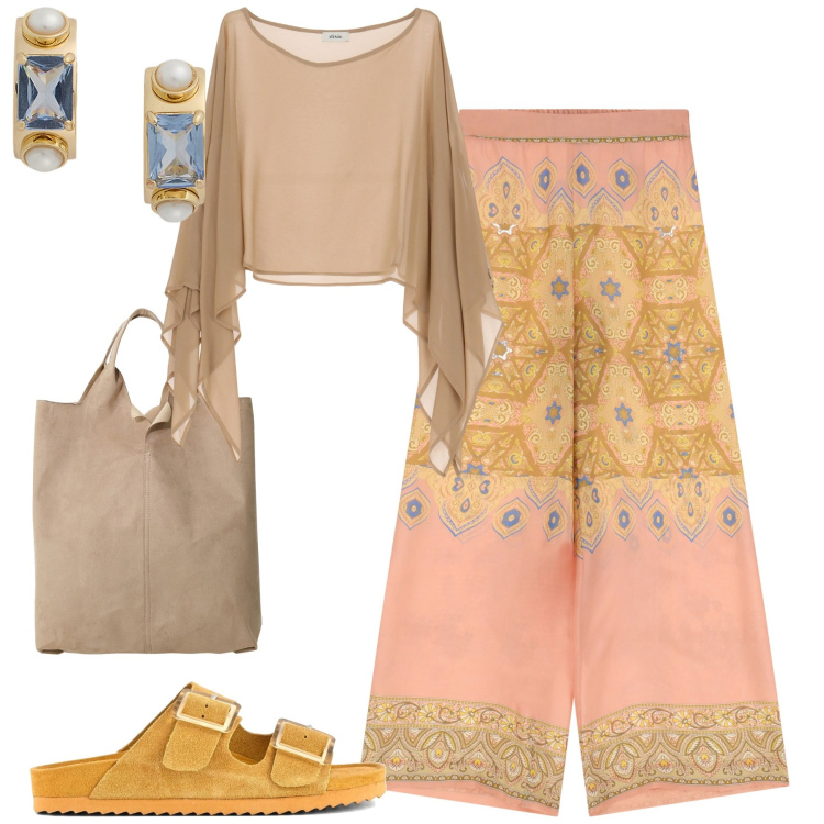 Outfit donna - Total look #2196166. Stile Boho per Tutti i giorni. Abbinamento con pantaloni, camicie, shopping bag, orecchini, sandali.