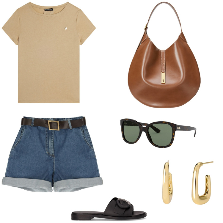 Outfit donna - Estate. Stile Basic per Tutti i giorni. Abbinamento con orecchini, bermuda, t-shirt, borse a spalla, occhiali da sole, ciabatte.