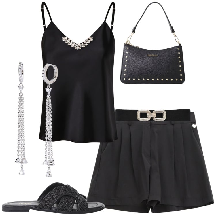 Outfit donna - Black. Stile Casual chic per Tutti i giorni. Abbinamento con cinture, orecchini, canottiere, shorts, borse a spalla, sandali.