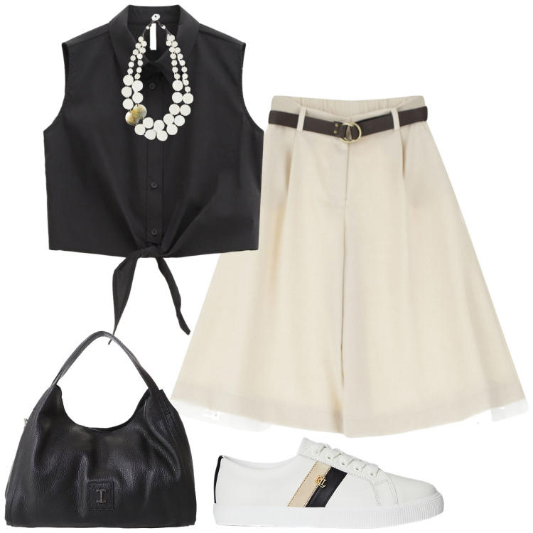 Outfit donna - Luglio. Stile Urban per Tutti i giorni. Abbinamento con pantaloni corti, camicie, pochette, sneakers, ciondoli.