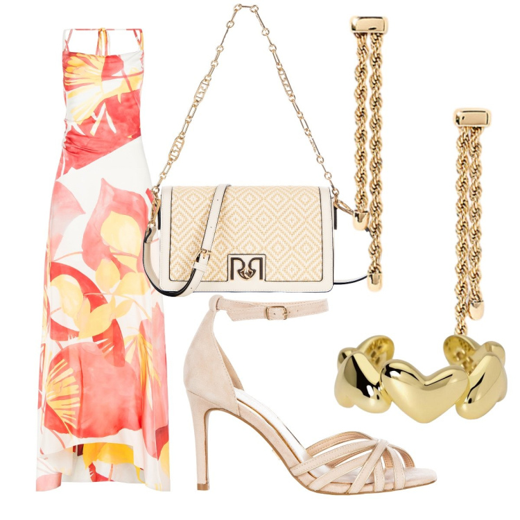 Outfit donna - Cerimonia in giardino. Stile Romantica per Cerimonia. Abbinamento con anelli, vestiti lunghi, sandali col tacco, borse a tracolla, orecchini.