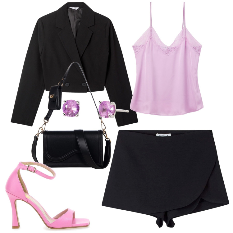 Outfit donna - A cena. Stile Trendy per Serata fuori. Abbinamento con minigonne, blazer, top, orecchini, pochette, sandali col tacco.