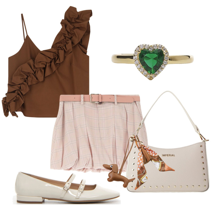 Outfit donna - Total look #2196183. Stile Preppy per Serata fuori. Abbinamento con anelli, top, minigonne, borse a spalla, portachiavi, décolleté.