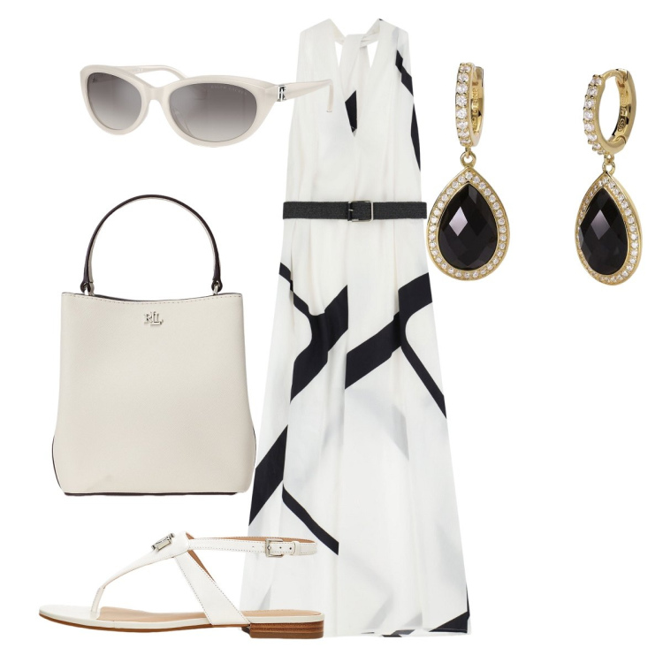 Outfit donna - L’abito fresco ed elegante. Stile Chic per Tutti i giorni. Abbinamento con orecchini, vestiti lunghi, occhiali da sole, borse a secchiello, sandali in pelle.