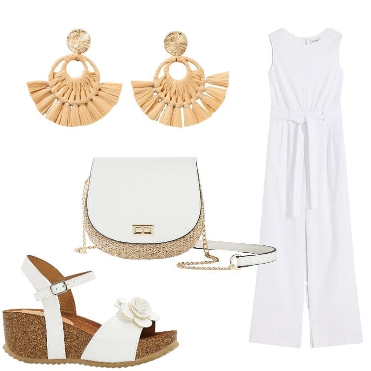 Outfit donna - La freschezza del bianco. Stile Boho per Serata fuori. Abbinamento con tute, borse a tracolla, sandali, orecchini.