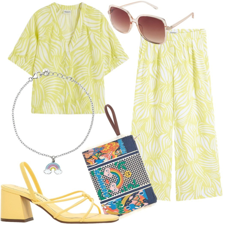 Outfit donna - Il completo leggero e colorato. Stile Casual chic per Tutti i giorni. Abbinamento con pantaloni a palazzo, sandali col tacco, occhiali da sole, camicie a manica corta, braccialetti, pochette.