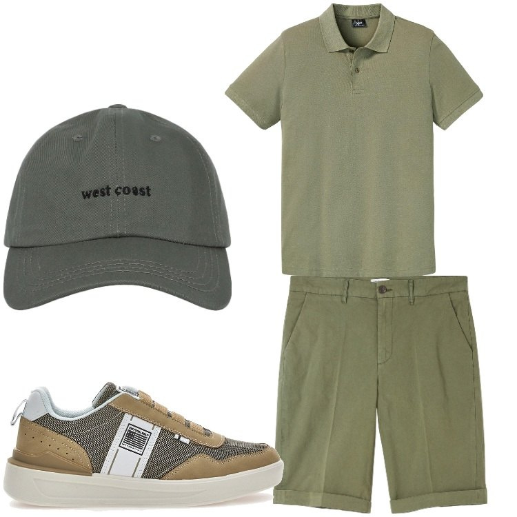Outfit uomo - Verde bosco. Stile Casual per Tutti i giorni. Abbinamento con polo, bermuda, cappelli con visiera, sneakers.
