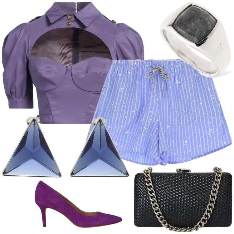 Outfit donna - L aperitivo più originale. Stile Sexy per Serata fuori. Abbinamento con orecchini, top, shorts, décolleté, clutch, anelli.
