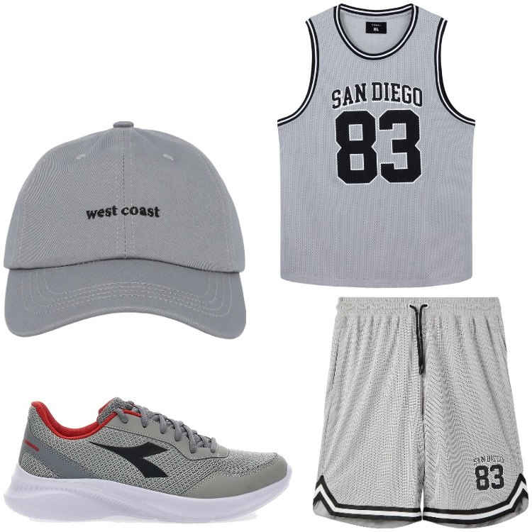 Outfit uomo - San Diego 83. Stile Casual per Sport. Abbinamento con cappelli con visiera, t-shirt sportive, pantaloncini sportivi, scarpe sportive.