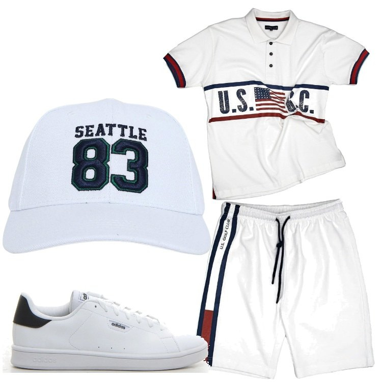 Outfit uomo - Golf club. Stile Casual per Sport. Abbinamento con cappelli, polo, pantaloni corti, sneakers.