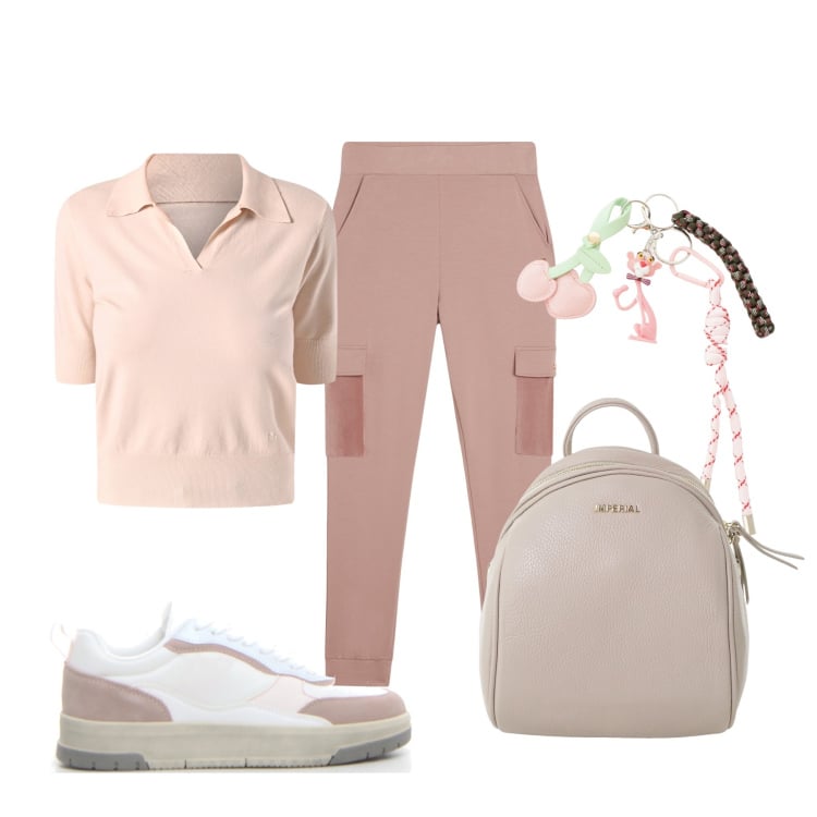 Outfit donna - Eleganti anche in montagna. Stile Romantica per Sport. Abbinamento con polo, pantaloni cargo, zaini, portachiavi, sneakers.