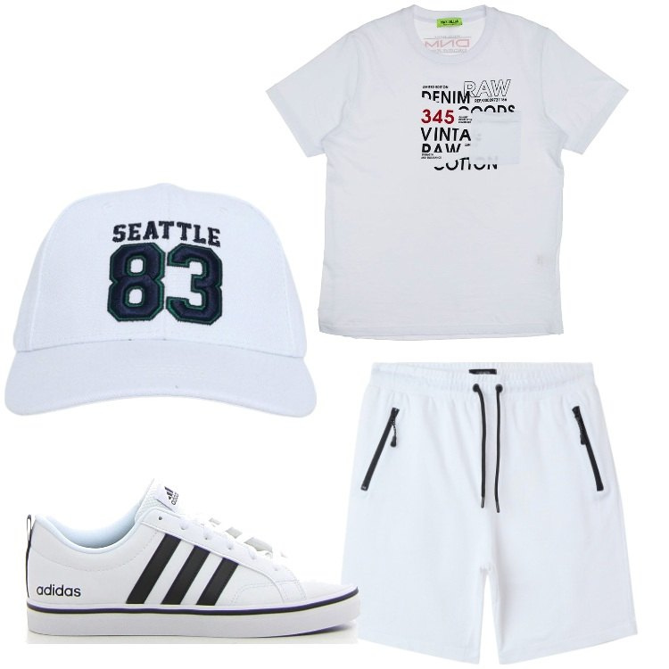 Outfit uomo - Bianco sport. Stile Casual per Tutti i giorni. Abbinamento con cappelli, bermuda, t-shirt, sneakers.