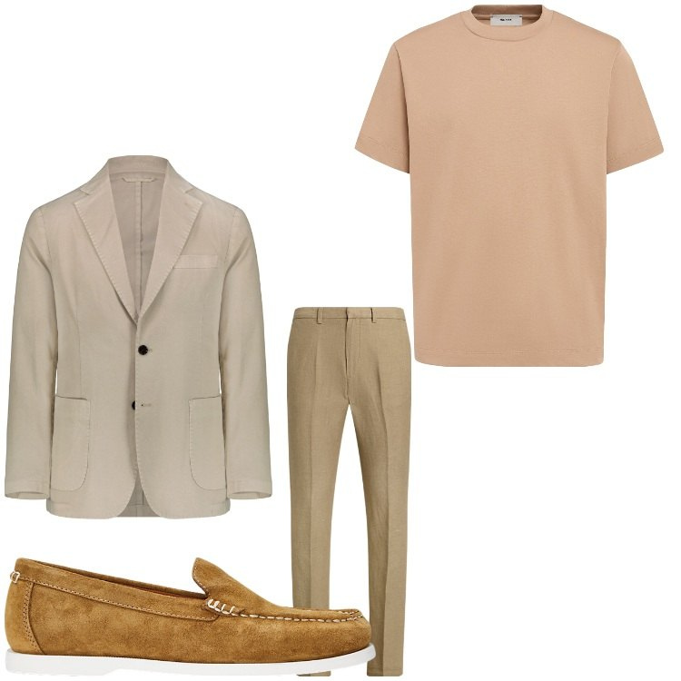 Outfit uomo - Eleganza beige. Stile Business/Elegante per Cerimonia. Abbinamento con scarpe stringate, pantaloni, giacche, t-shirt.