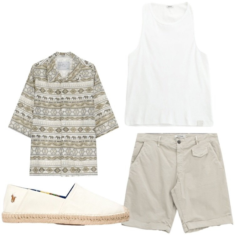 Outfit uomo - Tutto molto chiaro. Stile Casual per Tutti i giorni. Abbinamento con camicie a manica corta, bermuda, canottiere, espadrillas.