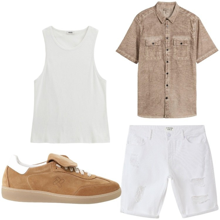 Outfit uomo - Serata fuori. Stile Casual per Serata speciale. Abbinamento con camicie a manica corta, bermuda, canottiere, sneakers.