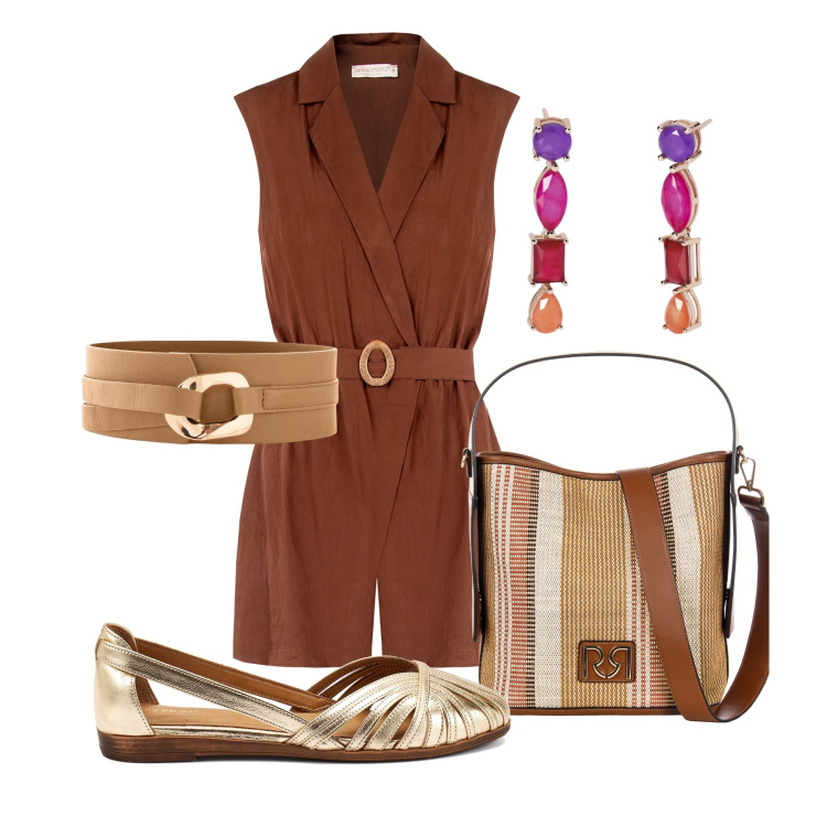 Outfit donna - Total look #2196219. Stile Casual chic per Ufficio. Abbinamento con cinture, orecchini, tuta corta, borse a secchiello, ballerine.