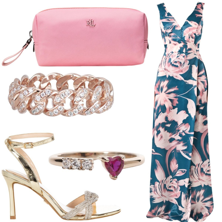 Outfit donna - Oro e rosa per il matrimonio. Stile Romantica per Cerimonia. Abbinamento con anelli, anelli, vestiti lunghi, sandali col tacco, pochette.