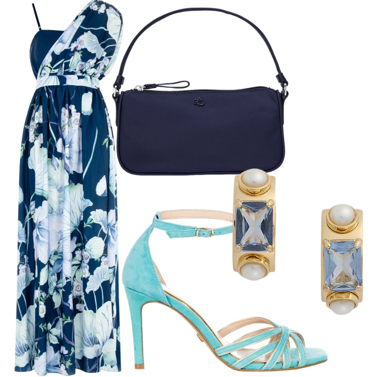 Outfit donna - Come una ninfa. Stile Romantica per Cerimonia. Abbinamento con vestiti asimmetrici, sandali col tacco, orecchini, pochette.