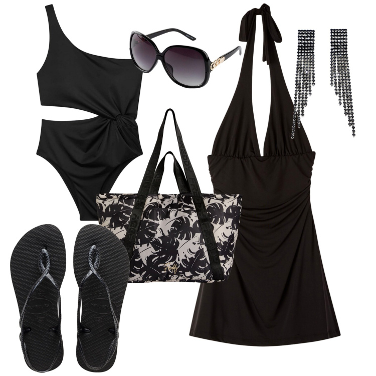 Outfit donna - Pronta per la spiaggia. Stile Casual per Mare. Abbinamento con occhiali da sole, vestiti corti, costumi interi, shopping bag, orecchini, ciabatte.