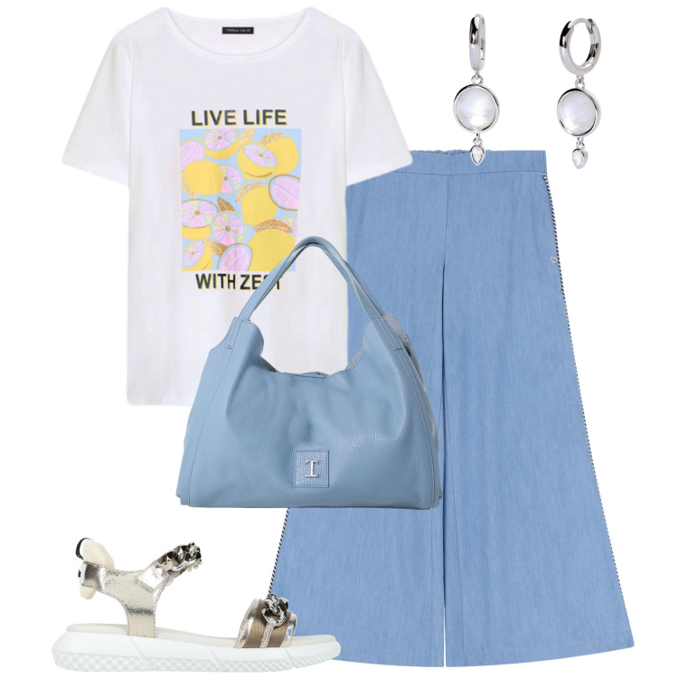 Outfit donna - City. Stile Casual chic per Tutti i giorni. Abbinamento con sandali in pelle, orecchini, pantaloni a palazzo, pochette, t-shirt.