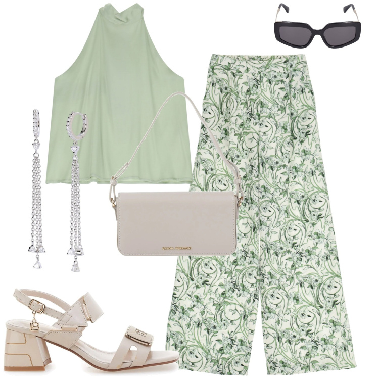 Outfit donna - City. Stile Urban per Tutti i giorni. Abbinamento con borse a mano, orecchini, top, pantaloni a palazzo, sandali col tacco, occhiali da sole.