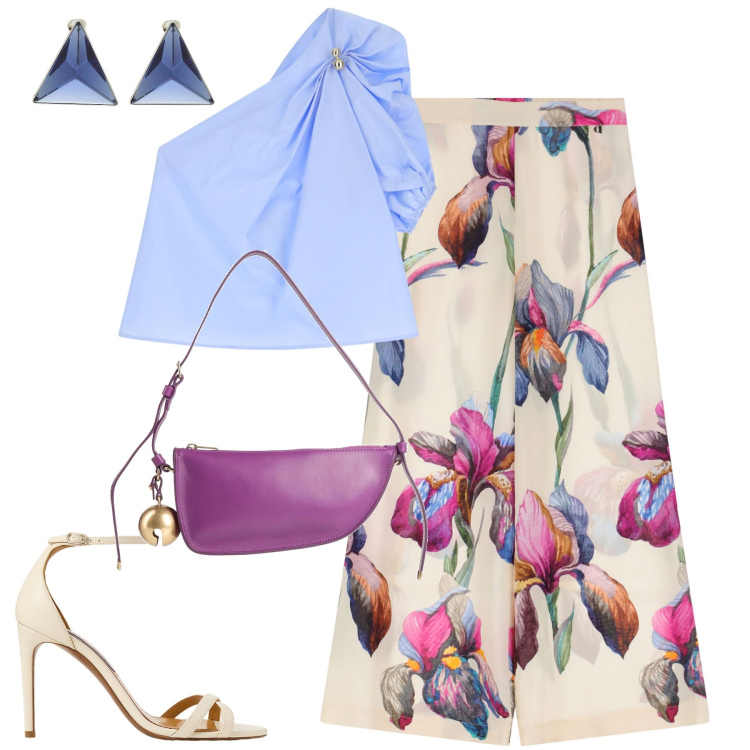 Outfit donna - Elegante per la sera. Stile Chic per Serata fuori. Abbinamento con orecchini, borse a mano, top, pantaloni, sandali col tacco.