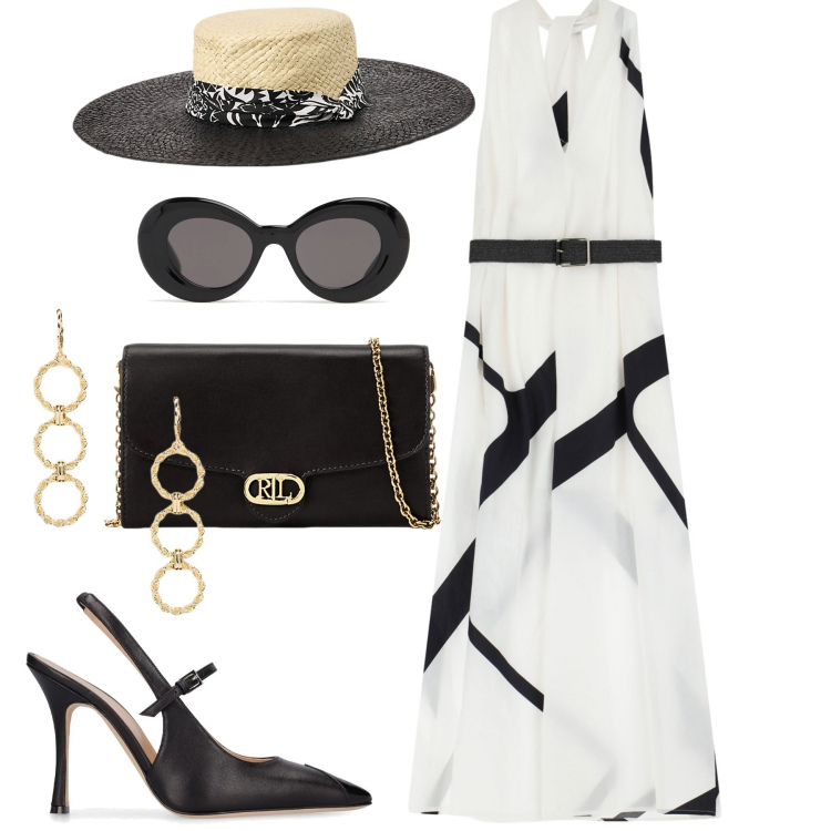Outfit donna - Cerimonia estiva. Stile Chic per Cerimonia. Abbinamento con vestiti lunghi, borse a tracolla, cappelli, orecchini, occhiali da sole, décolleté.