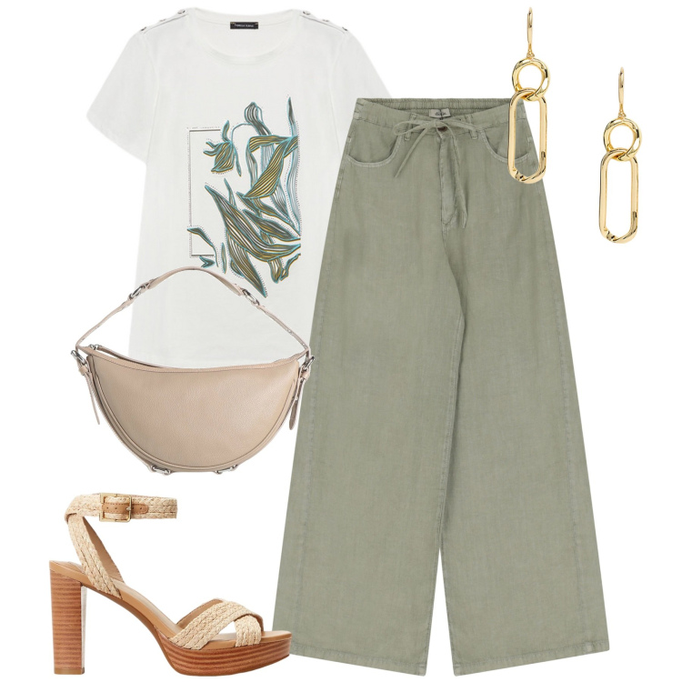 Outfit donna - Luglio. Stile Casual chic per Tutti i giorni. Abbinamento con borse a mano, pantaloni, orecchini, sandali, t-shirt.