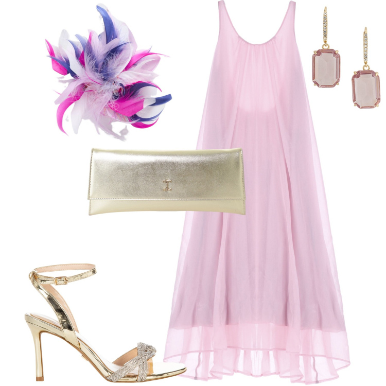 Outfit donna - Luglio. Stile Chic per Serata fuori. Abbinamento con sandali col tacco, vestiti lunghi, pochette, orecchini, accessori per capelli.
