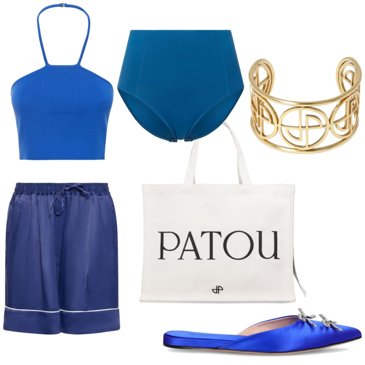 Outfit donna - Total look #2196258. Abbinamento con shorts, bikini, top, braccialetti, shopping bag, pantofole.