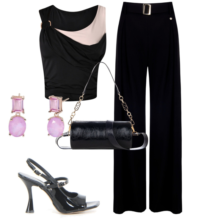 Outfit donna - A cena. Stile Chic per Serata fuori. Abbinamento con borse a mano, top, pantaloni, orecchini, sandali col tacco.