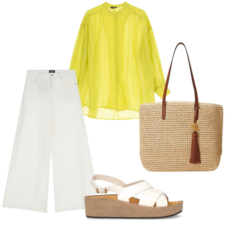Outfit donna - Giallo. per Tutti i giorni. Abbinamento con camicie, jeans, borse tote, sandali.
