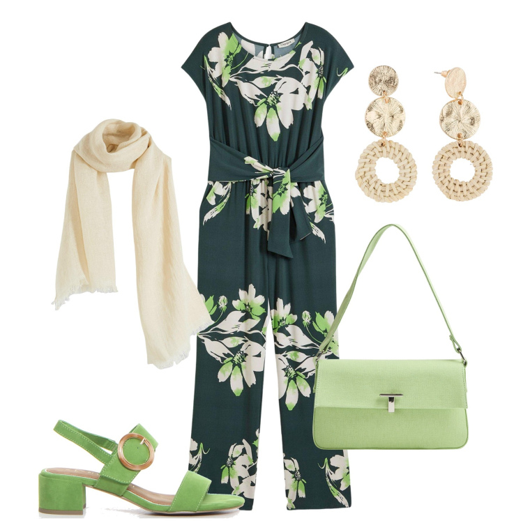 Outfit donna - Glam in jumpsuite. Stile Glamour per Tutti i giorni. Abbinamento con orecchini, tute, sciarpe, borse a spalla, sandali col tacco.