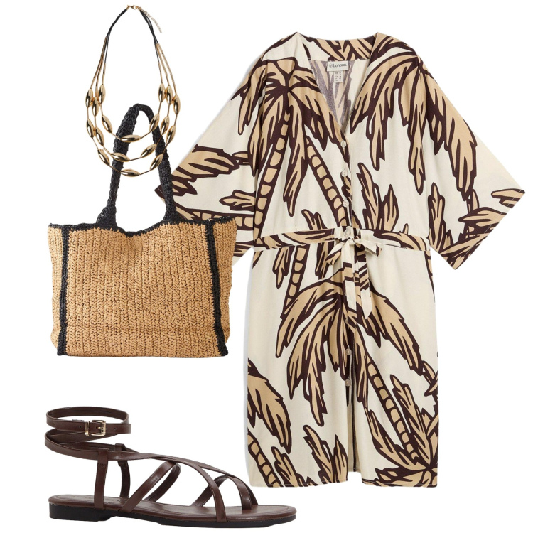 Outfit donna - Tropical. Stile Casual chic per Mare. Abbinamento con vestiti corti, shopping bag, sandali, collane.