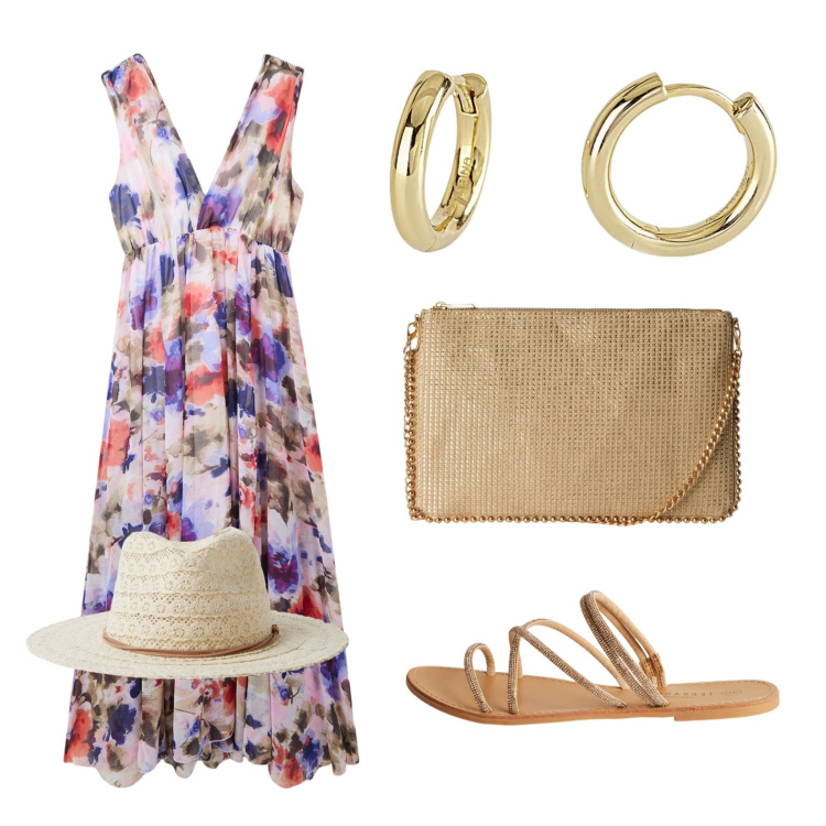 Outfit donna - Vestitino fantasia. Stile Casual chic per Tutti i giorni. Abbinamento con vestiti lunghi, borse a tracolla, cappelli, sandali, orecchini.