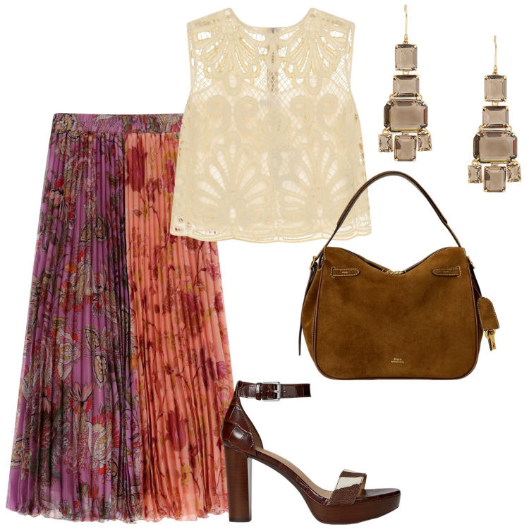 Outfit donna - Cena estiva. per Serata fuori. Abbinamento con top, gonne longuette, borse a mano, sandali in pelle, orecchini.