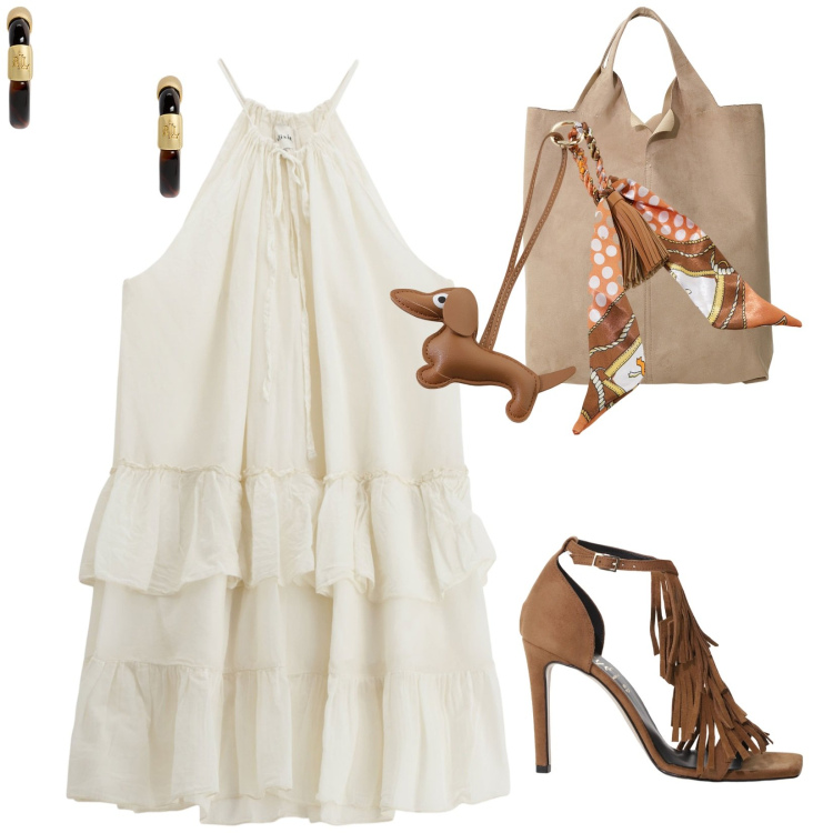 Outfit donna - Summer. per Tutti i giorni. Abbinamento con portachiavi, vestiti corti, décolleté, shopping bag, orecchini.