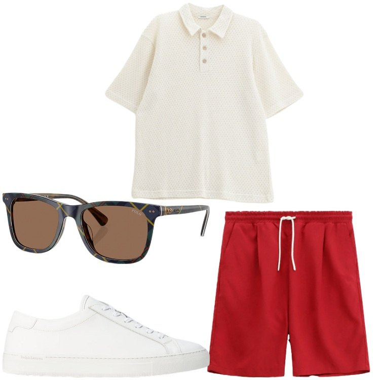 Outfit uomo - A tutto sole. Stile Casual per Tutti i giorni. Abbinamento con polo, bermuda, sneakers, occhiali da sole.