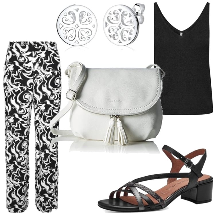 Outfit femme - Tendance #5887. Style Tendance pour Tous les jours. Assortir avec pantalon , sandales à talon, sacs besace, hauts, boucles d'oreilles.