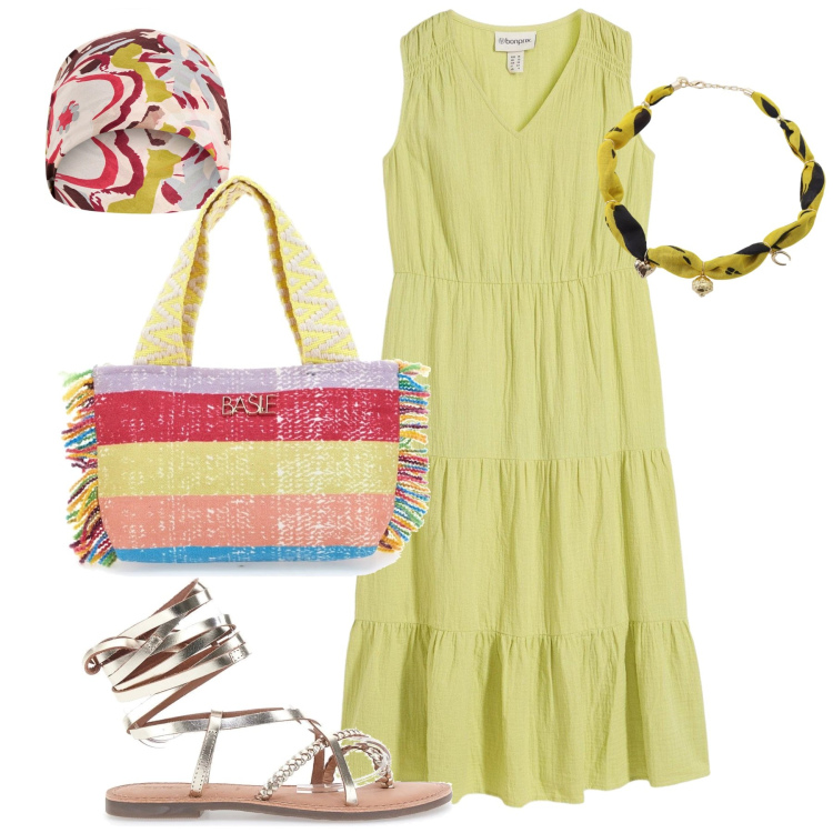 Outfit donna - In vacanza. Stile Casual chic per Tutti i giorni. Abbinamento con vestiti, sciarpe, foulard, sandali alla schiava, pochette.