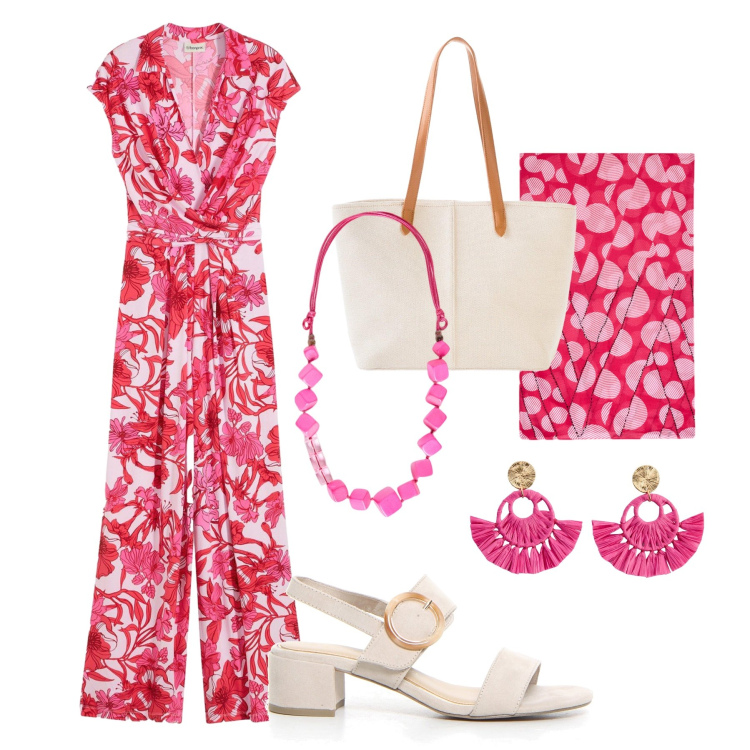 Outfit donna - Fucsia in città. Stile Casual chic per Tutti i giorni. Abbinamento con tute, orecchini, shopping bag, collane, stole, sandali col tacco.