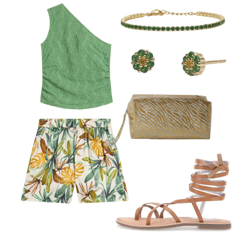 Outfit donna - In verde. Stile Casual per Tutti i giorni. Abbinamento con top, pochette, orecchini, braccialetti, pantaloni, sandali alla schiava.
