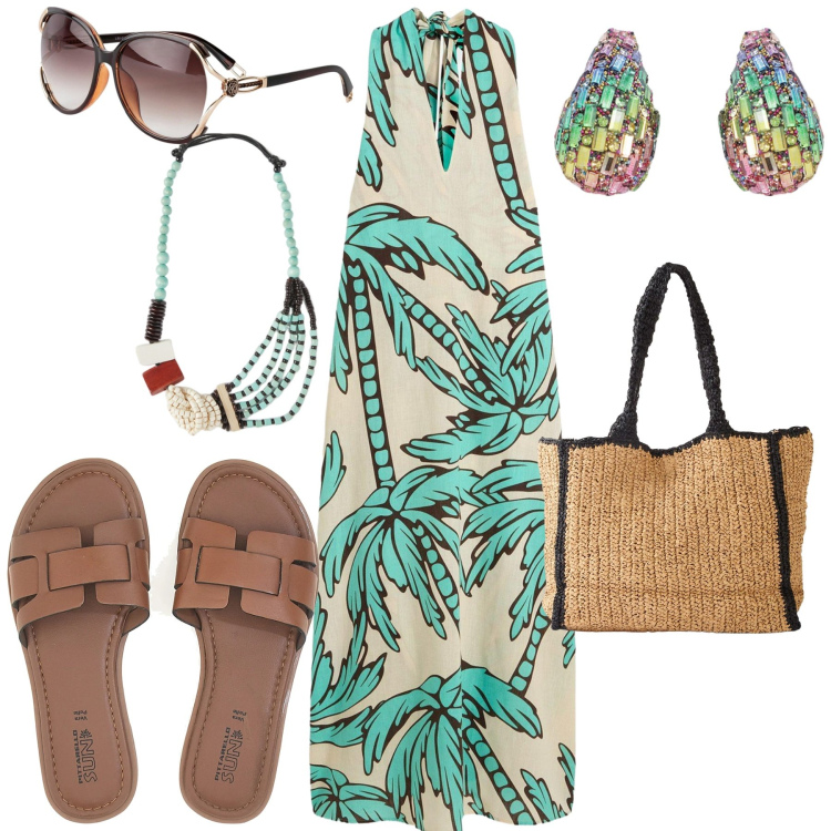 Outfit donna - Tropical. Stile Casual chic per Mare. Abbinamento con occhiali da sole, shopping bag, vestiti, orecchini, ciabatte, collane.