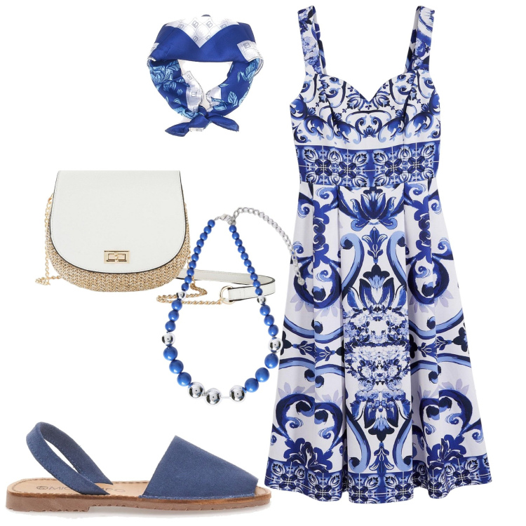 Outfit donna - Al mare. Stile Casual chic per Mare. Abbinamento con vestiti, borse a tracolla, collane, foulard, sandali.
