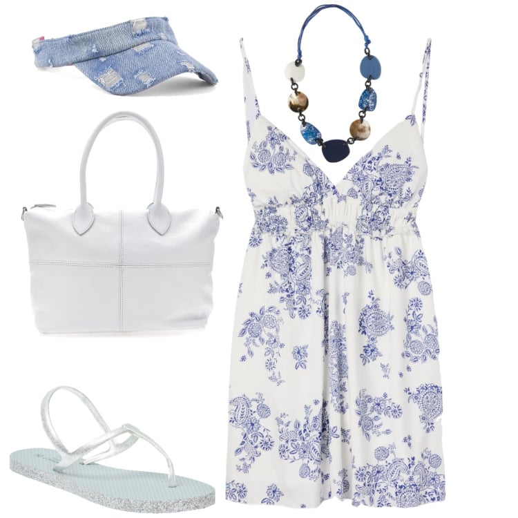 Outfit donna - Total look #2196285. Stile Romantica per Mare. Abbinamento con vestiti corti, sandali, cappelli con visiera, borse a mano, collane.