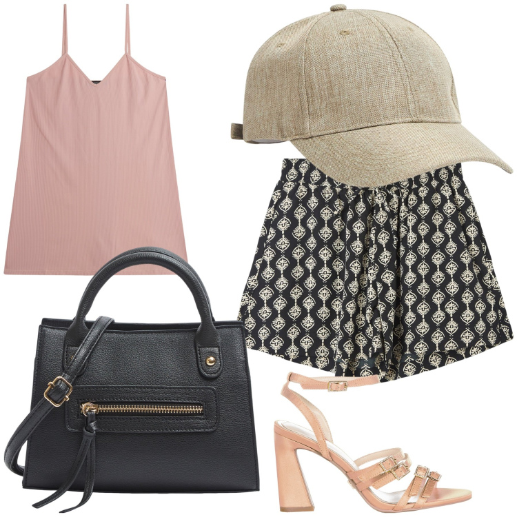 Outfit donna - Scontato fresco. Stile Urban per Tutti i giorni. Abbinamento con shorts, borse a mano, cappelli, sandali col tacco, vestiti corti.