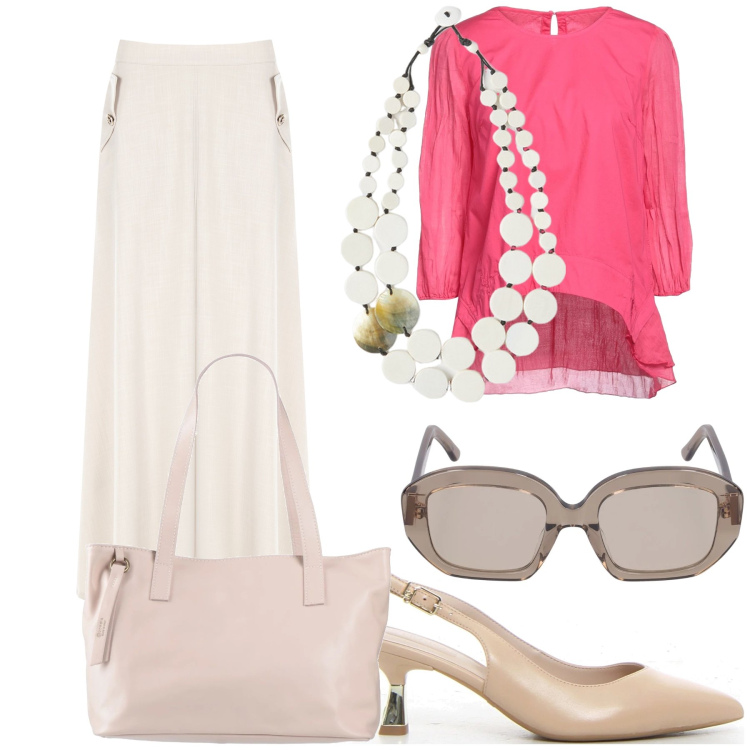 Outfit donna - Sconti mix per l ufficio. Stile Chic per Ufficio. Abbinamento con top, borse a mano, gonne lunghe, occhiali da sole, ciondoli, décolleté.