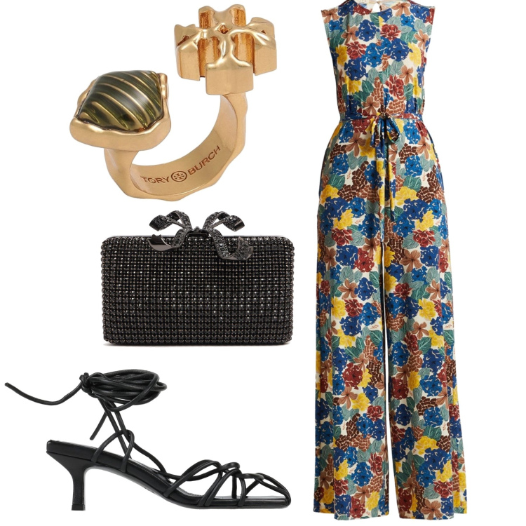 Outfit donna - Scontata, ma non scontata alle nozze. Stile Glamour per Cerimonia. Abbinamento con sandali col tacco, anelli, tute, pochette.