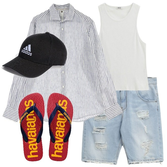Outfit uomo - Bagagli del viaggio in preparazione. Stile Casual per Mare. Abbinamento con camicie, canottiere, bermuda, cappelli con visiera, sandali.