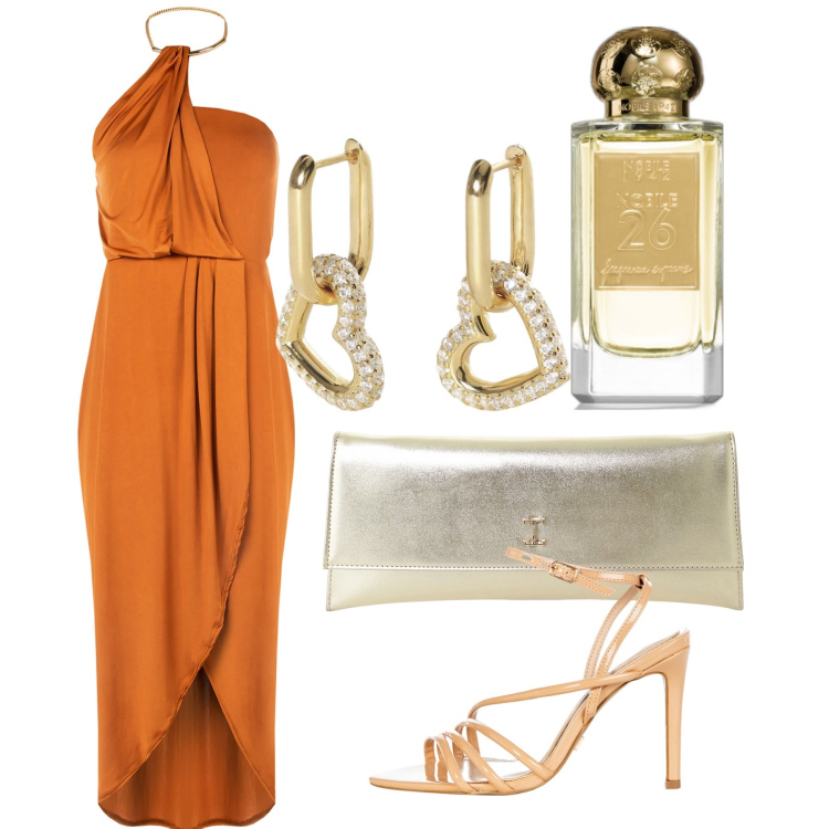 Outfit donna - Cerimonia agostana. Stile Chic per Cerimonia. Abbinamento con pochette, profumi, orecchini, vestiti, sandali col tacco.